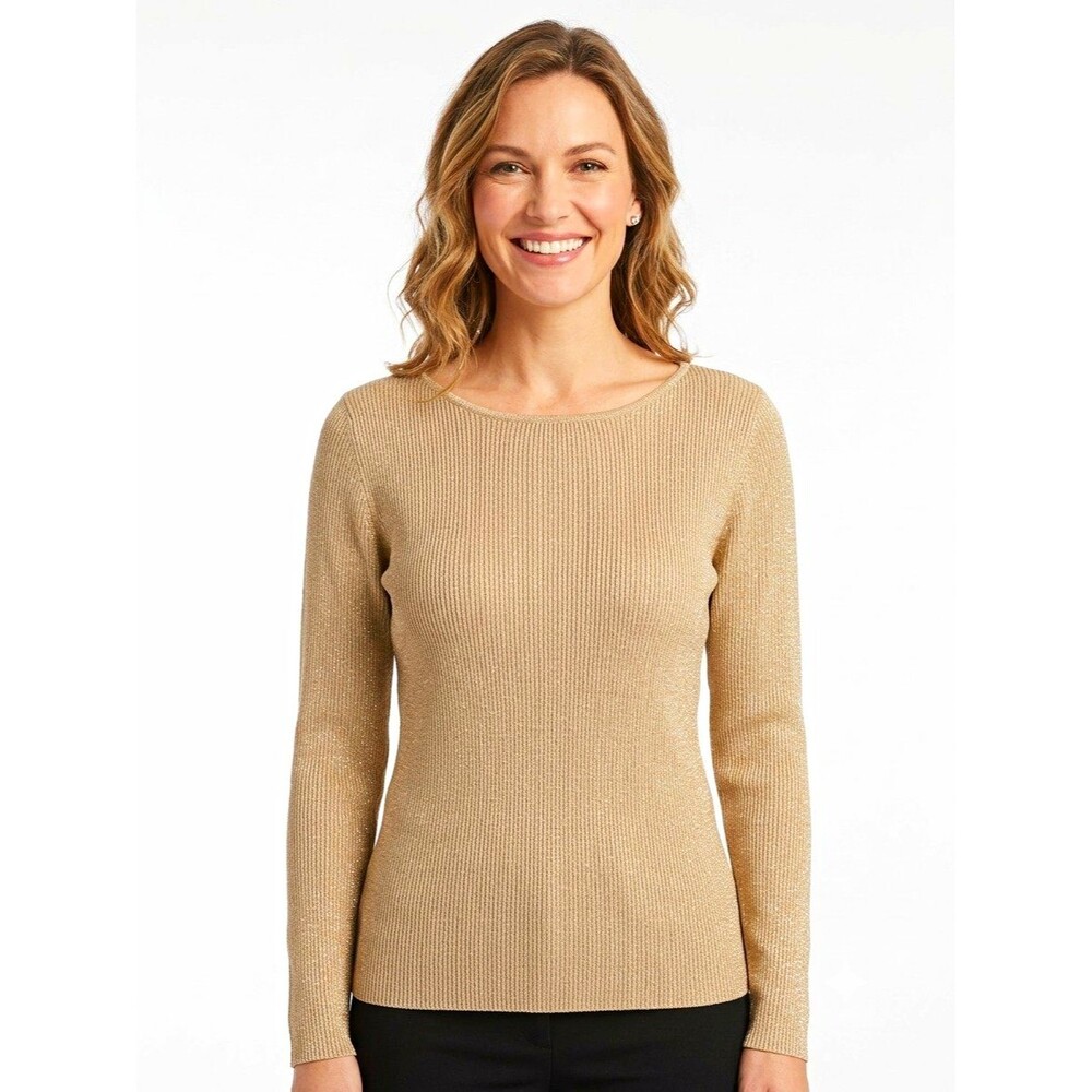 Charter Club Womens L Gold Fleck Metallic Knit round Neck Pullover Sweater LS